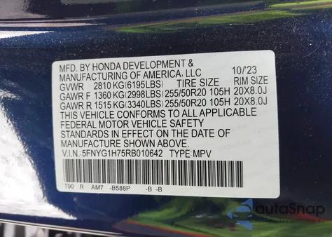 2024 Honda Pilot Touring from USA, damaged, VIN 5FNYG1H75RB010642